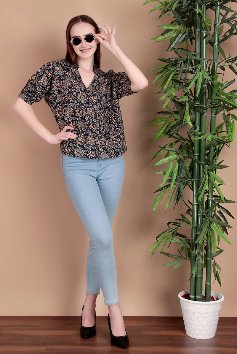 Miramaar Women's Cotton Printed Blue Regular Top