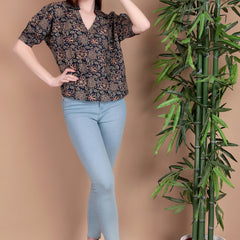 Miramaar Women's Cotton Printed Blue Regular Top