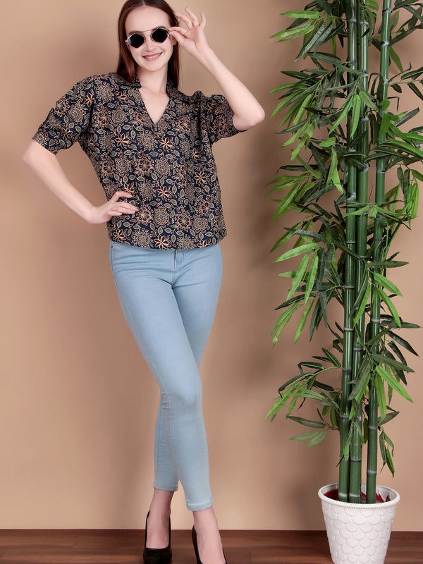 Miramaar Women's Cotton Printed Blue Regular Top