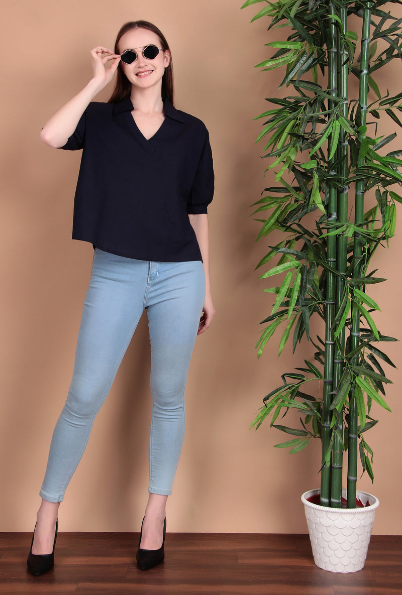 Miramaar Women's Cotton Flex Solid Blue Regular Top