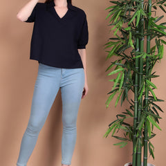 Miramaar Women's Cotton Flex Solid Blue Regular Top