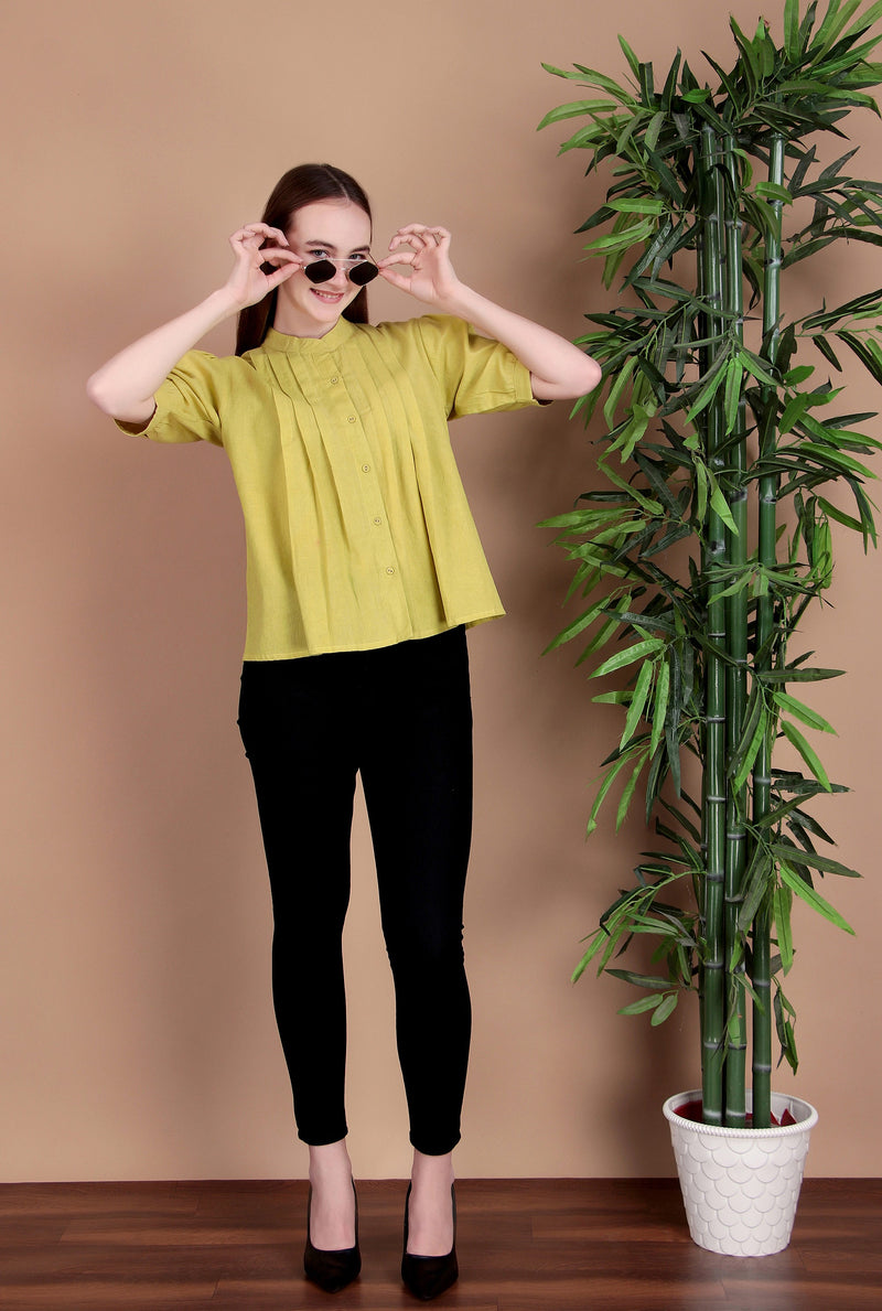 Miramaar Women's Cotton Flex Solid Lime Green Pintex Top