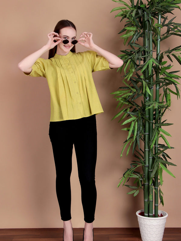 Miramaar Women's Cotton Flex Solid Lime Green Pintex Top