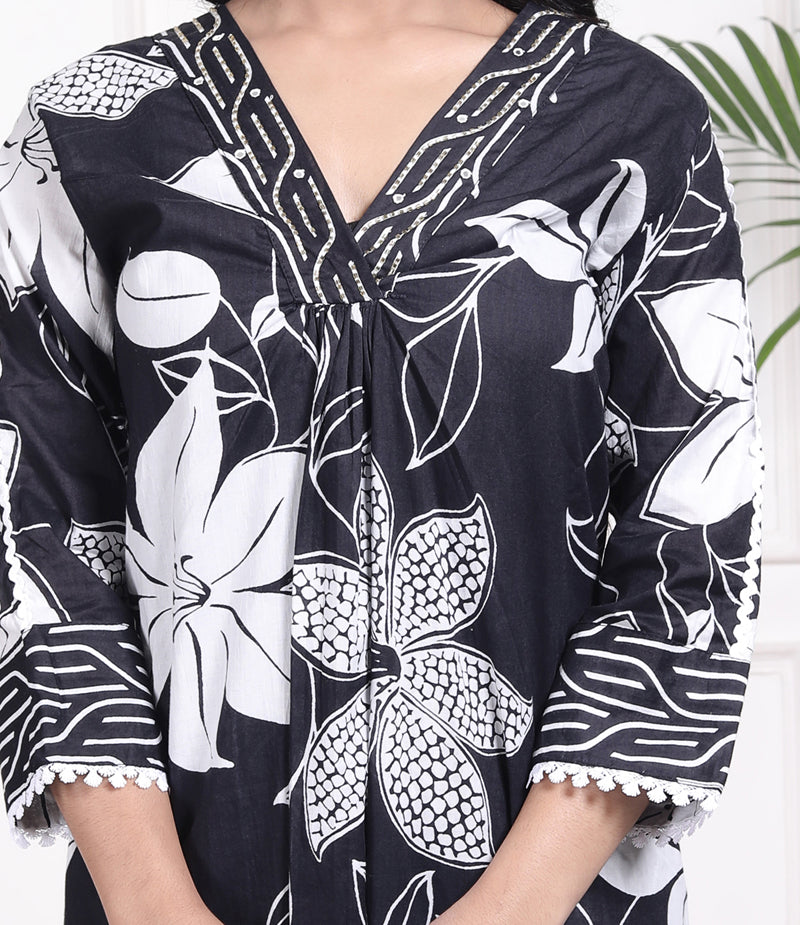 Miramaar Women's Black Cotton A-Line Kurta Set with Dupatta, Floral Print & Adda Work