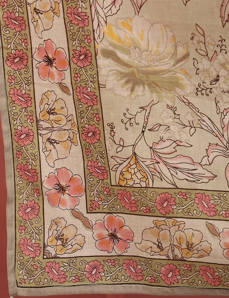 Miramaar Women's Beige Hand Work Cotton V-Neck Kurta Pant with Dupatta