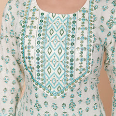 Miramaar Women's White & Green Round Neck Embroidered Straight Kurta Pant with Dupatta