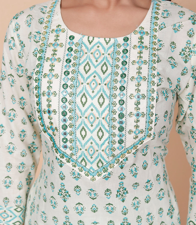 Miramaar Women's White & Green Round Neck Embroidered Straight Kurta Pant with Dupatta