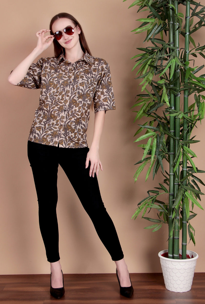 Miramaar Women's Cotton Spread Collar Beige Printed Top