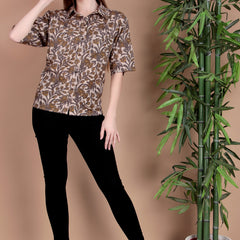 Miramaar Women's Cotton Spread Collar Beige Printed Top