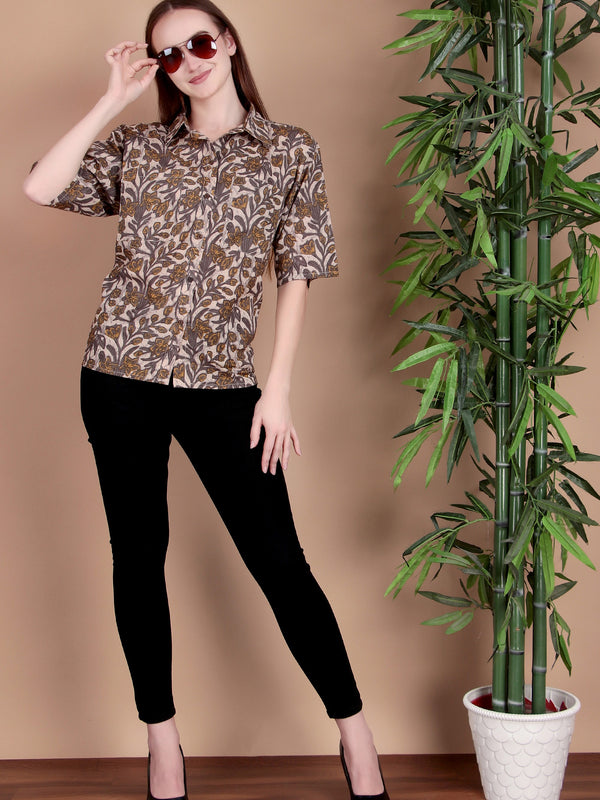 Miramaar Women's Cotton Spread Collar Beige Printed Top