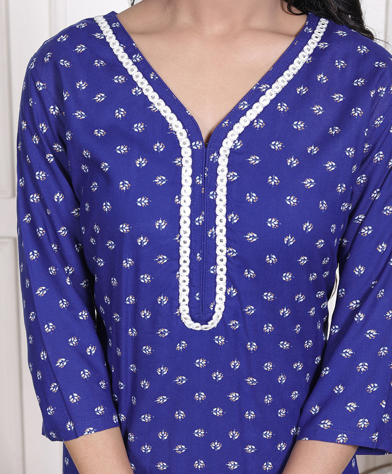 Miramaar Women's Blue Rayon Embroidered Kurtis