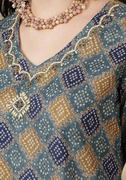 Miramaar Women's Blue Printed Straight Adda Work Kurta Set with Dupatta