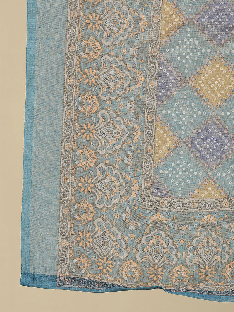 Miramaar Women's Blue Printed Straight Adda Work Kurta Set with Dupatta
