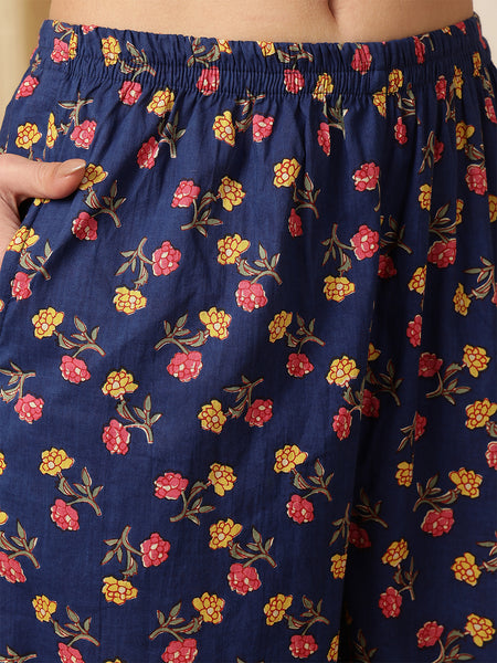 Miramaar Women's Navy Blue Printed V-Neck Straight Embroidered Kurta Pant with Dupatta