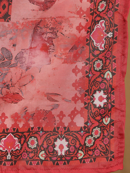 Miramaar Women's Peach Digital Print Straight Muslin Kurta Set with Dupatta