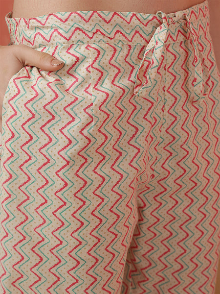 Miramaar Women's Off White & Pink Cotton Straight Kurta Set with Dupatta