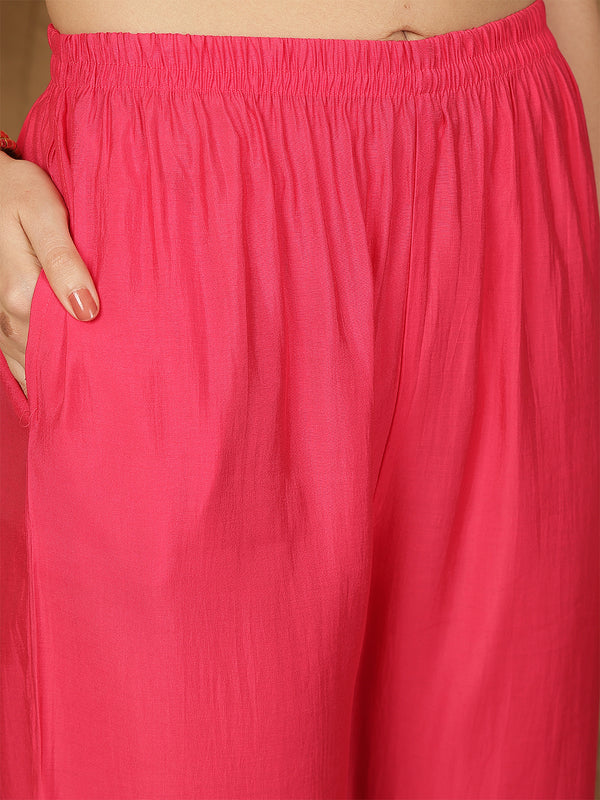 Miramaar Women's Pink V-Neck Roman Silk Kurta Set with Dupatta