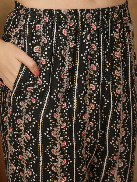 Miramaar Women's Black Rayon A-Line Embroidered Kurta Set