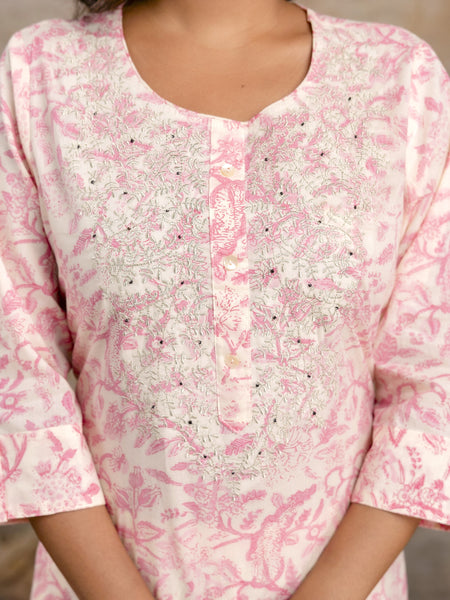 Miramaar Women's Pink Straight Adda Work Cotton Kurta Pant with Dupatta