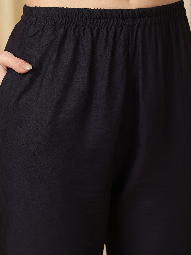 Miramaar Women's Black Foil Printed Rayon Embroidered Anarkali Kurti