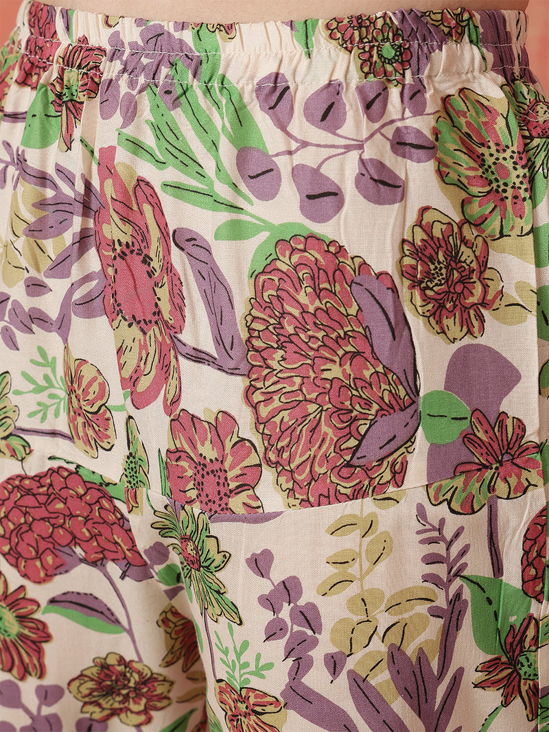 Miramaar Women's Beige Printed Viscose Rayon Kurta Set