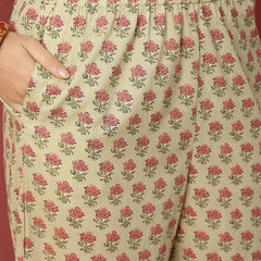 Miramaar Women's Beige Hand Work Cotton V-Neck Kurta Pant with Dupatta