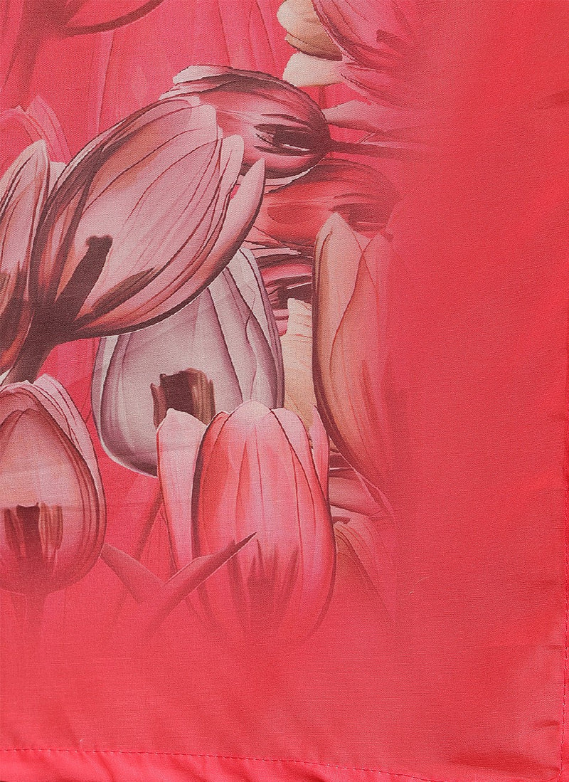 Miramaar Women's Coral Red Muslin Digital Print Kurta Set with Dupatta