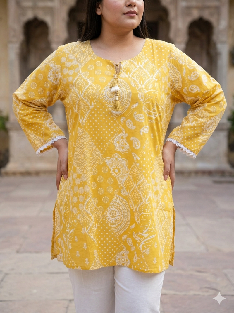 Miramaar Women's Yellow Printed Cotton Short Kurti