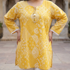 Miramaar Women's Yellow Printed Cotton Short Kurti