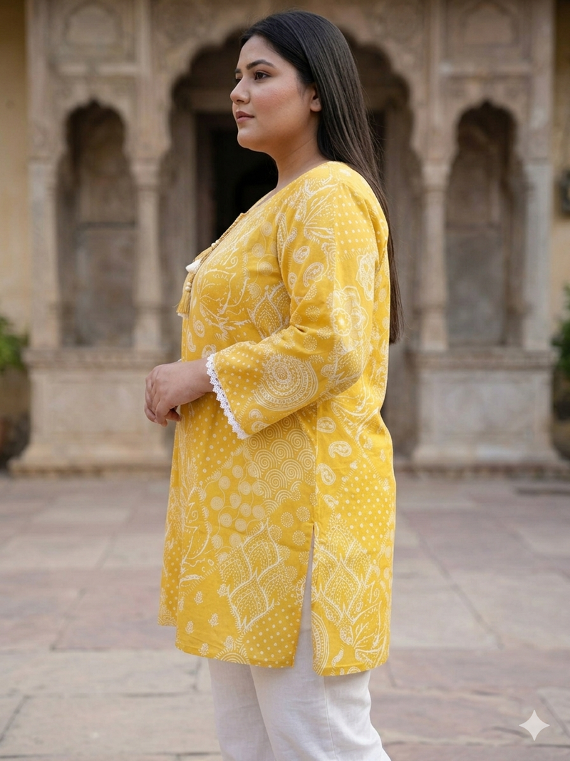 Miramaar Women's Yellow Printed Cotton Short Kurti