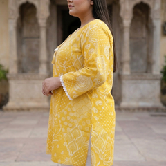 Miramaar Women's Yellow Printed Cotton Short Kurti