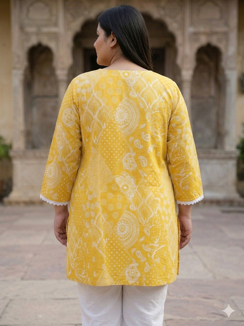 Miramaar Women's Yellow Printed Cotton Short Kurti