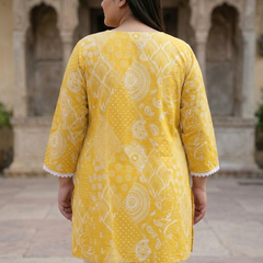 Miramaar Women's Yellow Printed Cotton Short Kurti