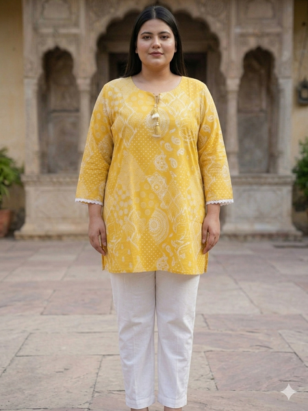 Miramaar Women's Yellow Printed Cotton Short Kurti