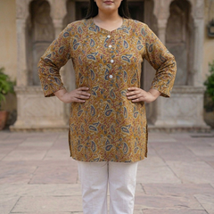 Miramaar Women's Mustard Printed Cotton Short Kurti