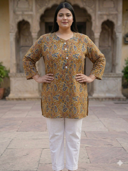 Miramaar Women's Mustard Printed Cotton Short Kurti
