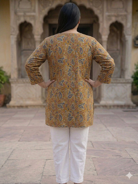 Miramaar Women's Mustard Printed Cotton Short Kurti