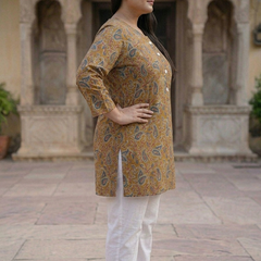 Miramaar Women's Mustard Printed Cotton Short Kurti