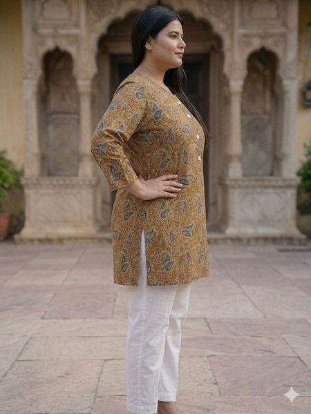 Miramaar Women's Mustard Printed Cotton Short Kurti