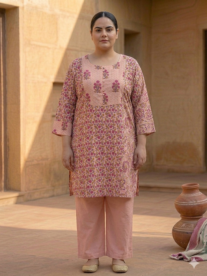 Miramaar Women's Peach Printed Cotton Straight Kurti