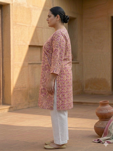 Miramaar Women's Peach Printed Cotton Straight Kurti