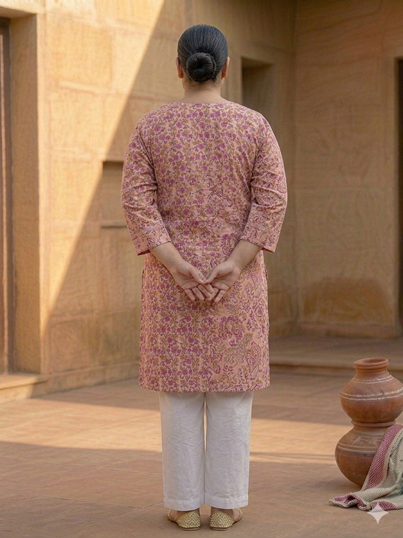Miramaar Women's Peach Printed Cotton Straight Kurti