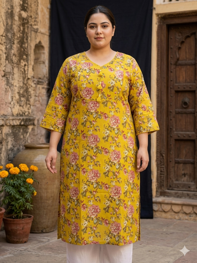 Miramaar Women's Mustard Cotton Straight Kurti