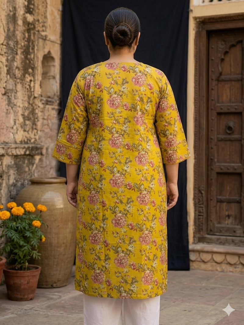 Miramaar Women's Mustard Cotton Straight Kurti