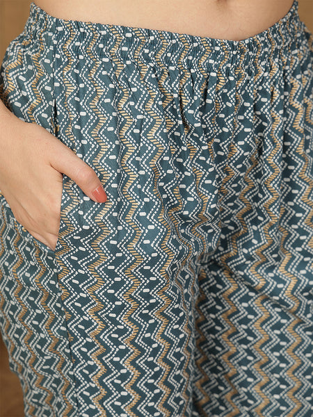 Miramaar Women's Green Printed Rayon A-line Embroidered Salwar Suit Set