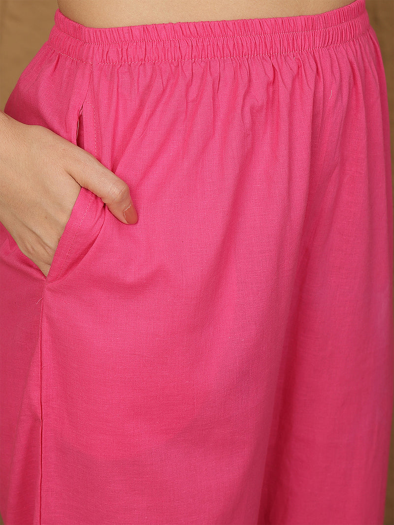 Miramaar Women's Pink Cotton Schiffli Lace Work Kurta Set with Dupatta