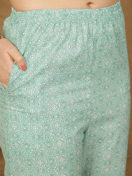 Miramaar Women's Green Cotton Round Neck Ebroidered Kurta Set with Dupatta