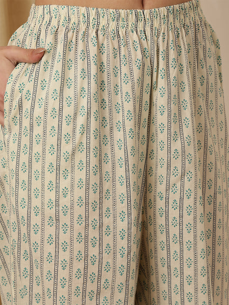 Miramaar Women's Beige & Blue Round Neck Embroidered Kurta Pant with Dupatta