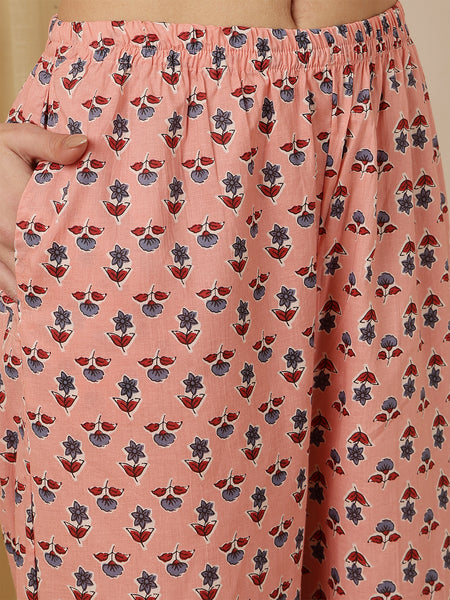 Miramaar Women's Peach Block Print V-Neck Straight Kurta Pant with Dupatta