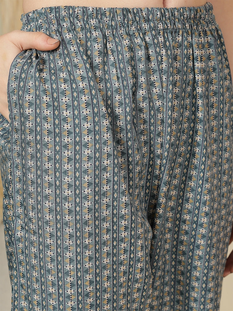 Miramaar Women's Blue Printed Straight Adda Work Kurta Set with Dupatta